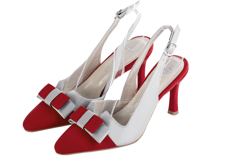 Cardinal red and light silver women's open back shoes, with a knot. Tapered toe. High slim heel. Front view - Florence KOOIJMAN